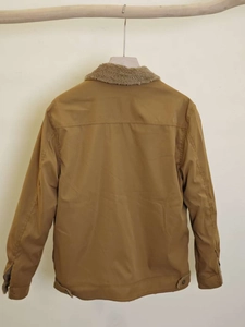 Rear view of men's brown work jacket featuring a warm fleece lining and shearling collar