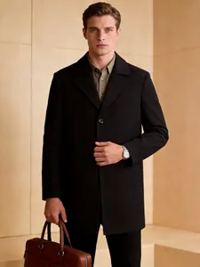 Classic black men's mid-length trench coat with single-breasted design and notched lapels