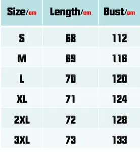 Detailed size chart for men's casual long sleeve shirt showing length and bust in cm