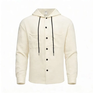 Men Casual Hooded Shirt Long Sleeve Polyester Textured Solid Color Button Down Top For Travel Party Spring Male Clothing