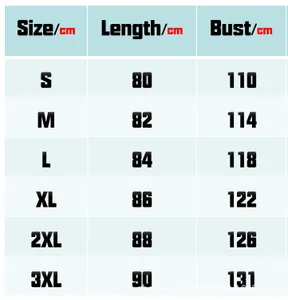 Detailed sizing chart for men's trench coat including length and bust measurements