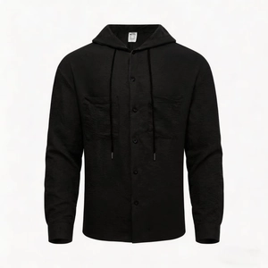 Classic men's black hooded long sleeve shirt jacket with textured fabric and utility pockets