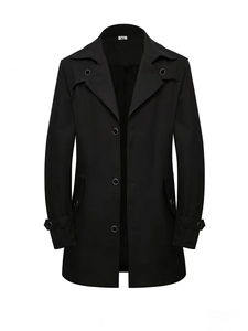 Trench-coat noir classique à boutonnage simple pour hommes avec revers et épaulettes