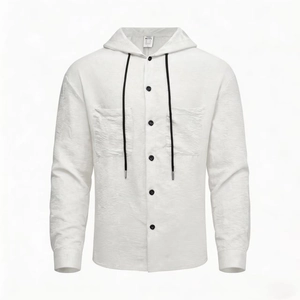 Classic white long sleeve hooded shirt for men with black buttons and dual chest pockets