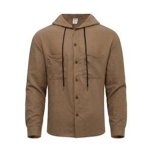 Classic men's brown long-sleeve hooded shirt in cotton linen with chest pockets