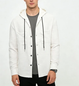 Classic men's white hooded long-sleeve shirt with textured fabric and black buttons