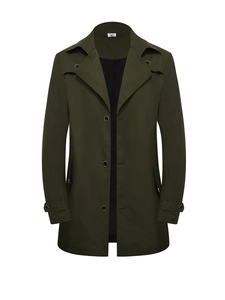 Trench-coat classique vert foncé à boutonnage simple pour hommes avec revers et poches