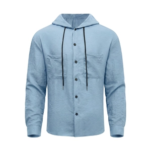 Classic light blue men's casual long sleeve hooded shirt with front chest pockets