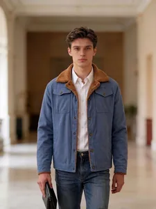 Men's blue casual cotton work jacket with brown faux fur collar and flap pockets