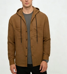 Classic men's long sleeve hooded shirt jacket in tan with double chest pockets
