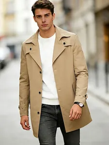 Classic khaki mid-length men trench coat with lapel collar and single-breasted design