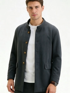 Blazer en velours côtelé gris foncé pour homme avec col montant et boutonnage simple chic