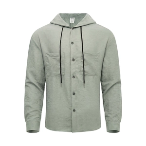 Men's sage green textured long sleeve hooded shirt with double pockets and button front