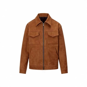 Brown faux suede jacket with front zipper and large utility chest pockets for men