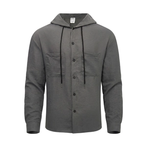 Casual dark grey long sleeve hooded shirt with front button closure and double chest pockets