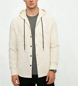 Classic men's beige long sleeve hooded shirt jacket with drawstrings and chest pockets