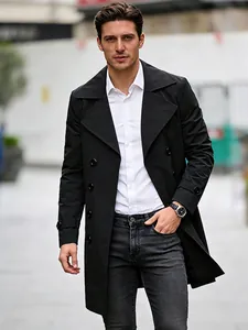 Classic black double-breasted trench coat for men with a slim fit and notched lapels