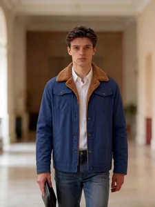 Men's navy workwear jacket with brown sherpa collar and metal buttons for autumn and winter