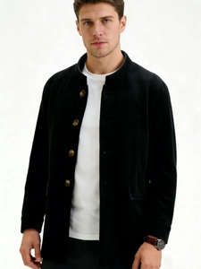 Veste blazer décontractée en velours côtelé noir pour homme avec col montant élégant