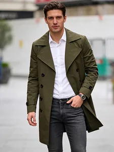 Classic olive green double-breasted trench coat for men featuring a stylish urban lapel design