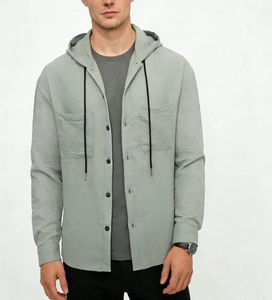Classic men's light grey-green hooded long-sleeve casual shirt with dual chest pockets
