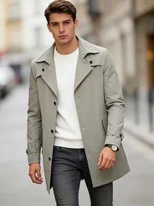 Men's light grey mid-length trench coat with classic lapel and single-breasted buttons