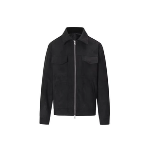 Men's black faux suede jacket with classic collar and front flap utility pockets