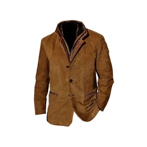 Men's vintage brown fleece-lined cotton work jacket with faux fur collar and button closure