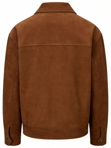 Rear view of brown faux suede jacket with turndown collar and retro oversized silhouette