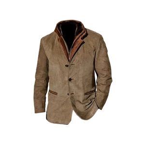 Men's winter brown suede jacket with fleece lining and layered stand-up collar design