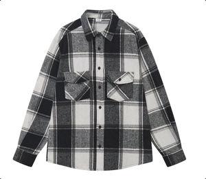 Classic black and white plaid long sleeve casual flannel shirt with double chest pockets