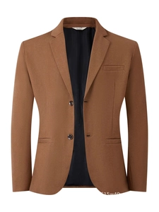 Classic caramel brown single-breasted blazer with notched lapels and smooth fabric texture