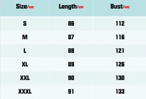 Detailed size chart for men's trench coat featuring bust and length measurements in cm