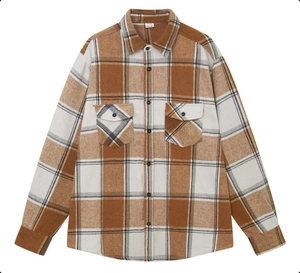 Classic brown plaid flannel shirt jacket with long sleeves and front chest pockets