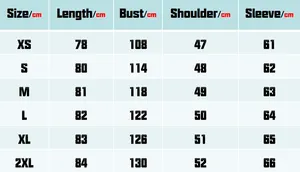 Detailed size chart for men's wool coat with measurements for lengths, bust, and shoulders