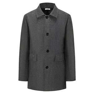 Men's mid-length grey double-sided wool blend coat with lapel collar and four buttons