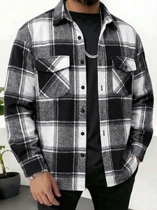 Classic black and white plaid flannel shirt for men with long sleeves and chest pockets