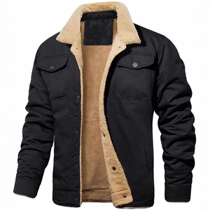 Men's winter fleece-lined work jacket with black canvas exterior and sherpa collar