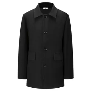 Men's mid-length black wool trench coat with lapel collar and single-breasted buttons