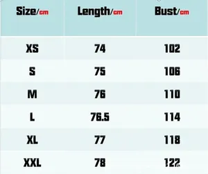 Detailed size chart for men's casual blazer showing length and bust in centimeters