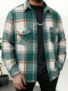 Men's plaid flannel shirt jacket with green and orange check pattern and chest pockets