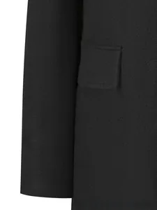 Detail of premium black wool coat showing pocket texture and neat stitching seams