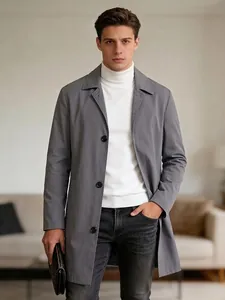 Classic men's grey single-breasted mid-length trench coat for casual business wear