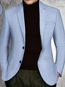 Men's light blue casual business suit with textured fabric and classic two-button design
