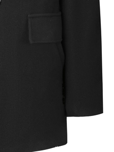 Detailed close-up of flap pocket and premium wool texture on black mid-length trench coat