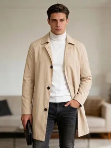 Classic khaki long trench coat with single-breasted design for stylish men's casual wear