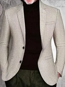 Men's slim-fit light beige tweed blazer featuring casual notch lapels and a textured knit