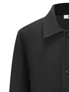 Detailed view of classic lapel and black round buttons on men wool coat in size L