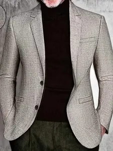 Men's slim fit casual grey blazer with linen texture and stylish two-button design