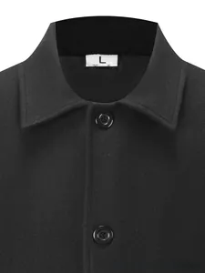 Close-up of black wool blend coat showing lapel, resin buttons and fabric texture